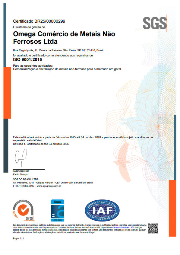 Certificado ISO 9001:2015 - Ômega Metais
